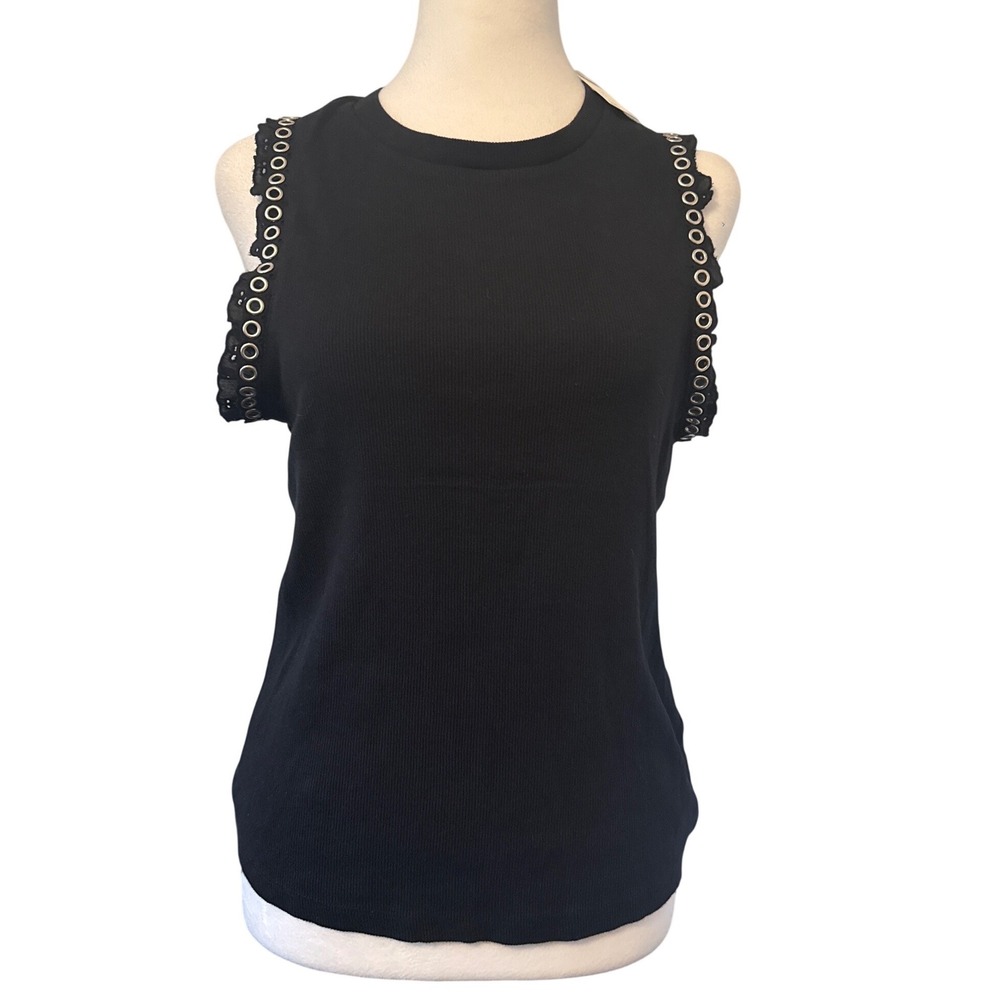 Maeve Anthropologie Black Ribbed Grommet Eyelet Trim Sleeveless Top NWT Large